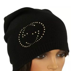Gucci Black Cashmere Hat with Light Gold Studs